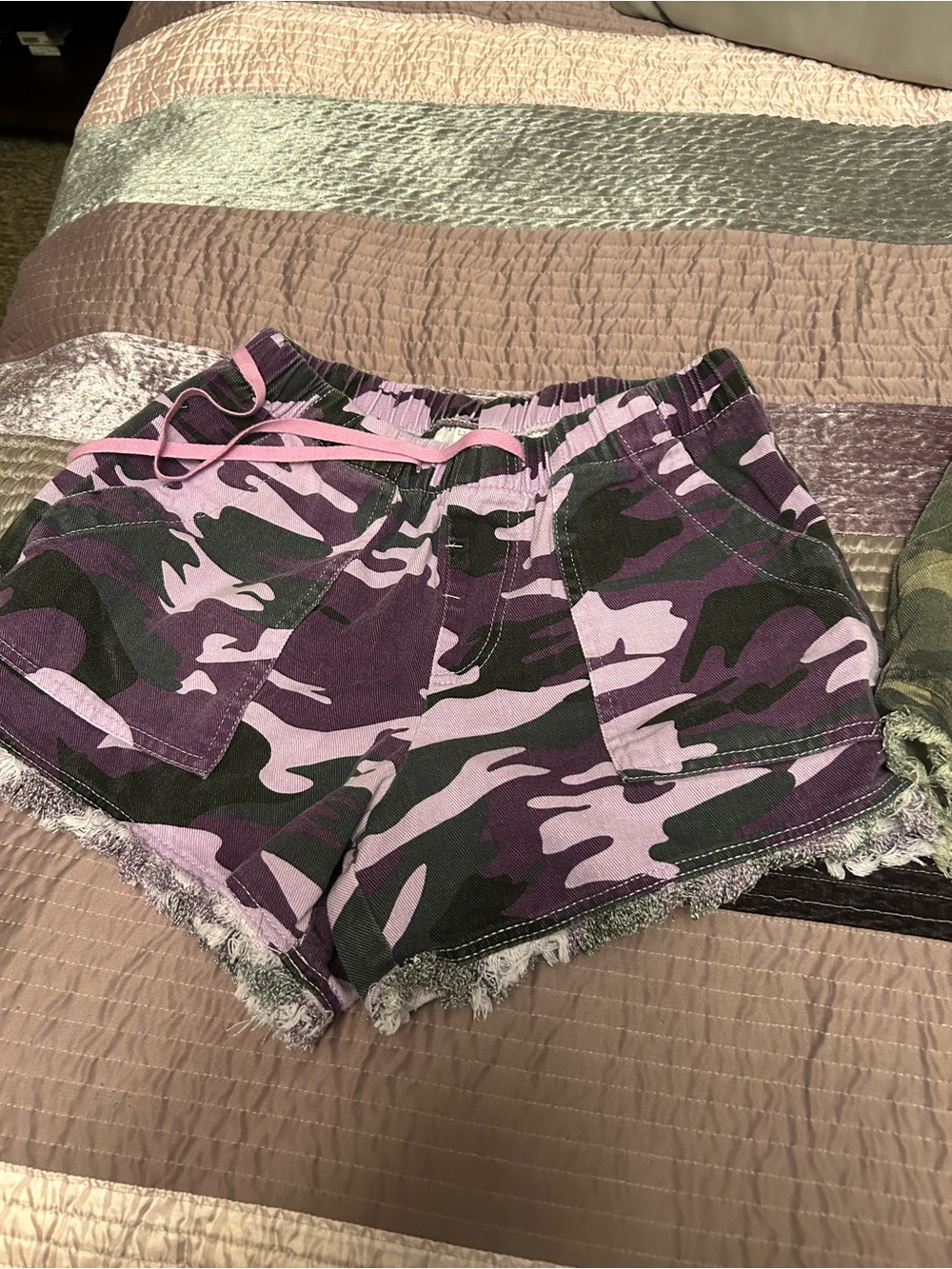 Women’s large denim Purple Camo Drawstring Shorts